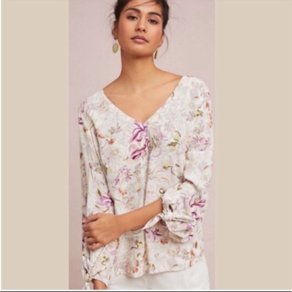 Anthropologie Maeve Pernille Floral Blouse vneck Tie Sleeve Cream Purple Sz S - Picture 2 of 14